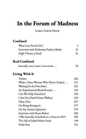 The cover of the book, the table of contents
